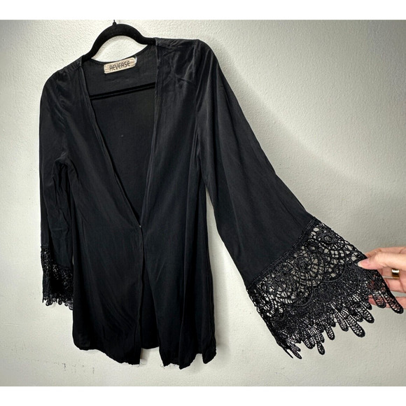 Reverse Black thin Lace Trim Sleeves Front Snap Coverup Top Small - Picture 3 of 13